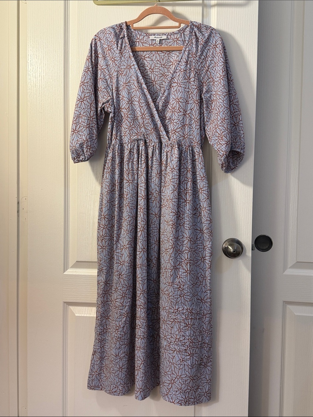 Madewell Pale Blue Midi Wrap Dress with Brown Floral Print